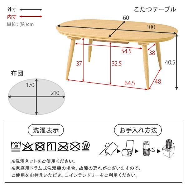 オーバル型 こたつ テーブル 薄掛け布団 2点セット 幅100cm リバーシブル フランネル生地 掛布団 リビング センターテーブル 天板固定ネジ付 セット 送料無料の画像