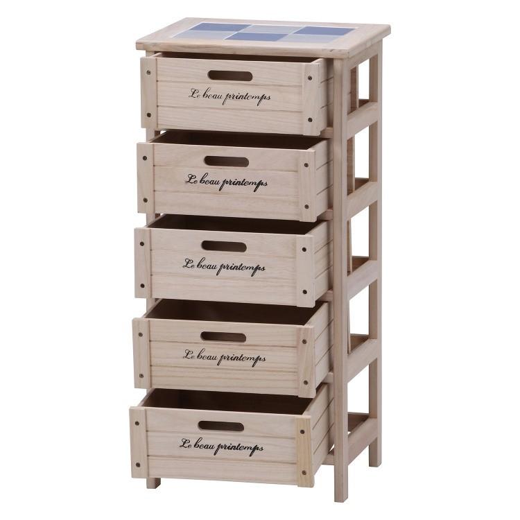 富士貿易　ナチュラル木製5段チェスト　引出し収納　タイル　桐　英国　キッチン収納 富士貿易 ナチュラル木製5段チェスト 引出し収納 タイル 桐 英国