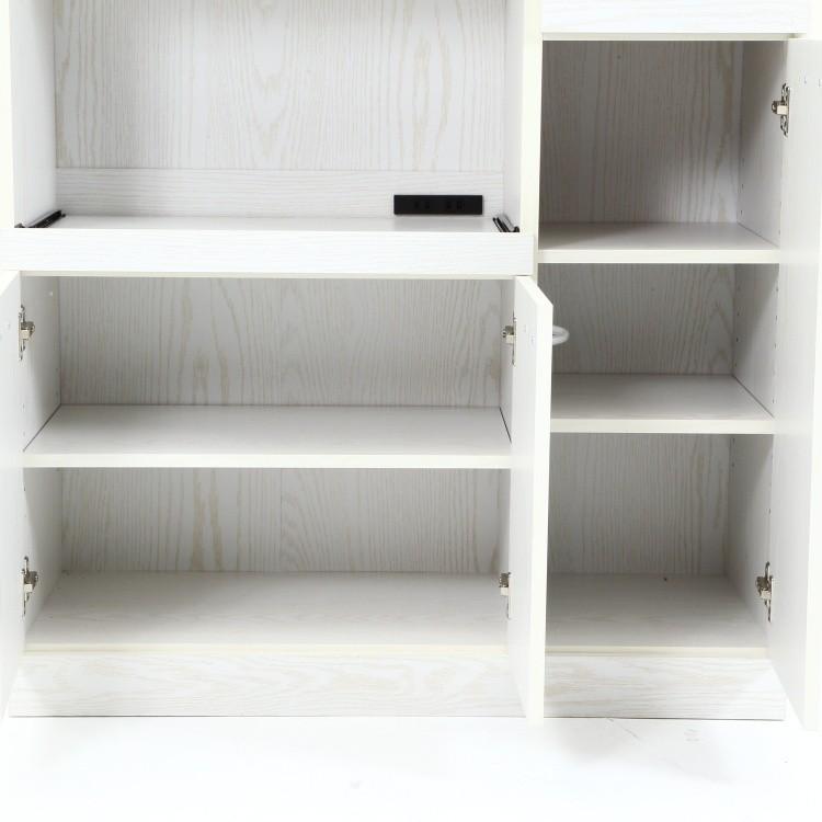 ワイド キッチンボード ハイタイプ 幅88.5cm レンジ台 食器棚 キッチン 収納 ガラス 戸棚 コンセント スライド棚 台所 ラック ボード ストック 家具 送料無料の画像