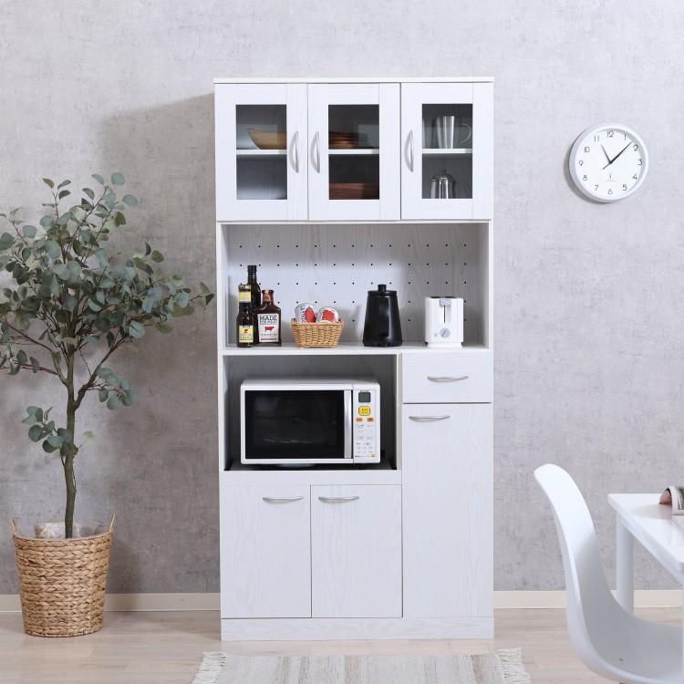 ワイド キッチンボード ハイタイプ 幅88.5cm レンジ台 食器棚 キッチン 収納 ガラス 戸棚 コンセント スライド棚 台所 ラック ボード ストック 家具 送料無料の画像