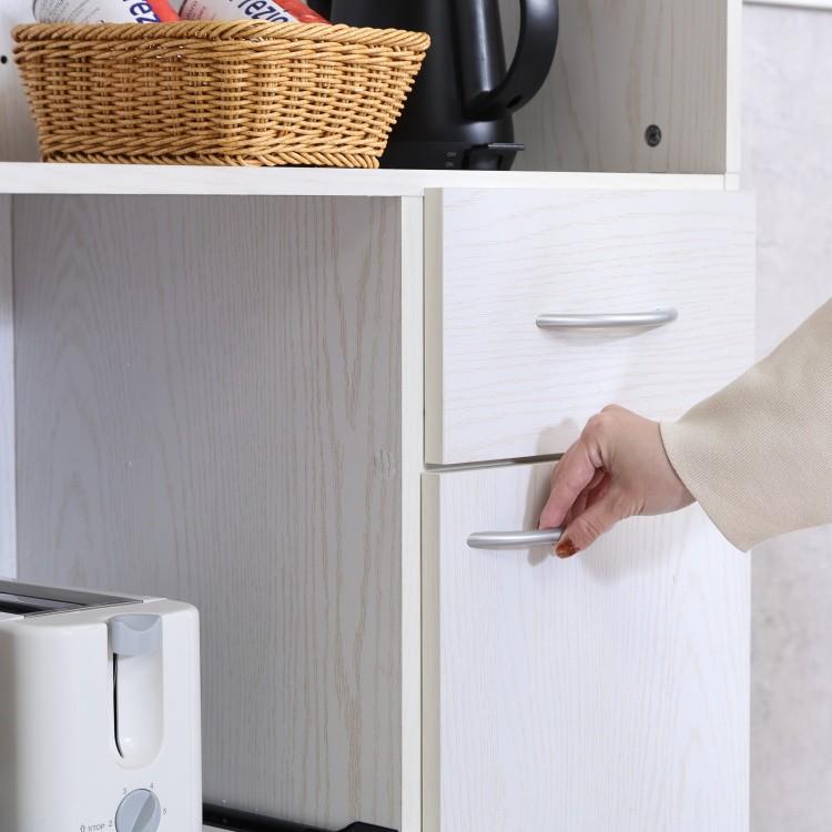ワイド キッチンボード ハイタイプ 幅88.5cm レンジ台 食器棚 キッチン 収納 ガラス 戸棚 コンセント スライド棚 台所 ラック ボード ストック 家具 送料無料の画像