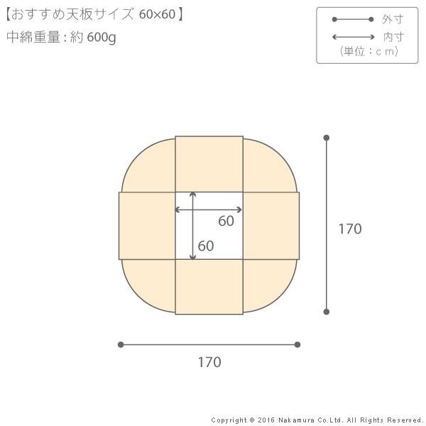 こたつ布団 省スペース はっ水リバーシブル省スペースこたつ布団 60x60cmこたつ用（170x170cm） 正方形 送料無料の画像