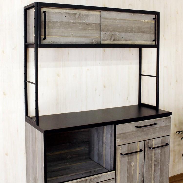 食器棚 上部引戸タイプ 幅120cm レンジ台 アンティーク風 古木柄