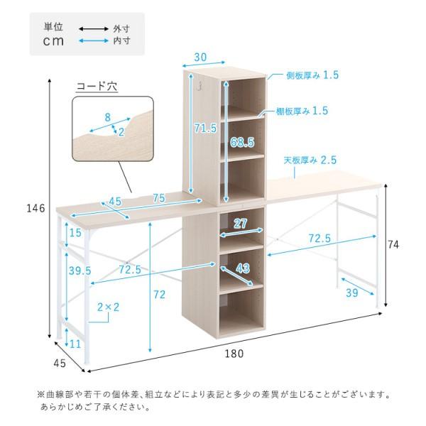 ツインデスク 180cm デスク 90cmx2台 組合せ サイドラック 棚 コード穴