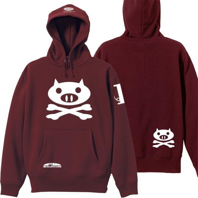 ドクロ おもしろ ブタ パーカー プルオーバー ぶたドクロ S M L XL バーガンディー | 