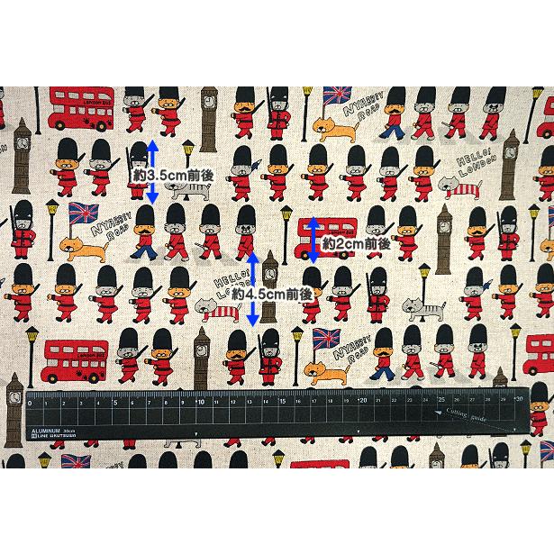 綿麻キャンバス生地 ネコ in London イギリス近衛兵 にゃんこ ロンドン