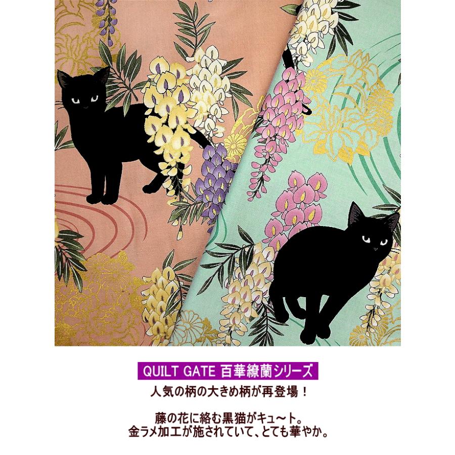 10cm単位 シーチング生地 和柄 大きな 黒猫 と 藤の花 大きめ 金ラメ