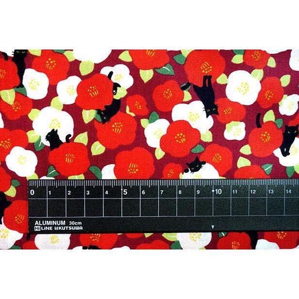シーチング 生地 和風 椿と黒猫 花柄 猫柄 和柄 綿100% 手芸 黒
