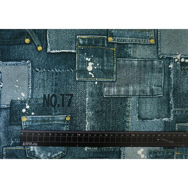 オックス 生地 デニム風 パッチワーク No.17 白ペンキ プリント生地 綿