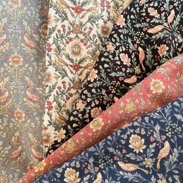 綿麻 キャンバス 生地 アンティーク調 アールヌーボー 小鳥