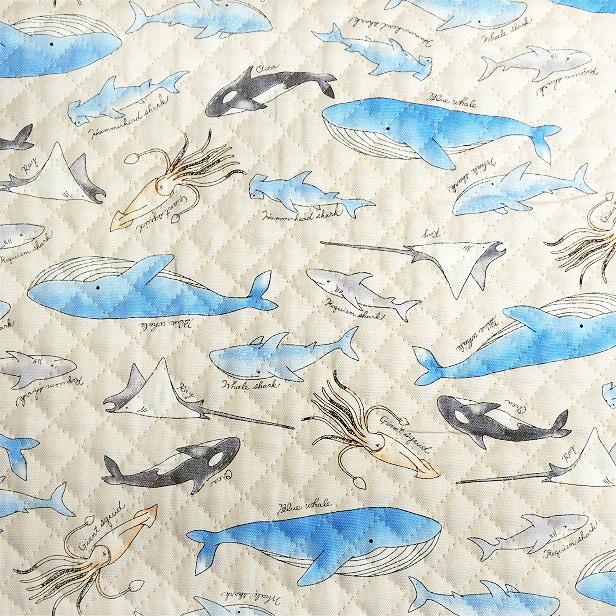 1234abcd★海の生き物、サメ柄キルティング☆ キルティング 生地 海の生き物 柄 クジラ シャチ エイ 巨大イカ 手芸