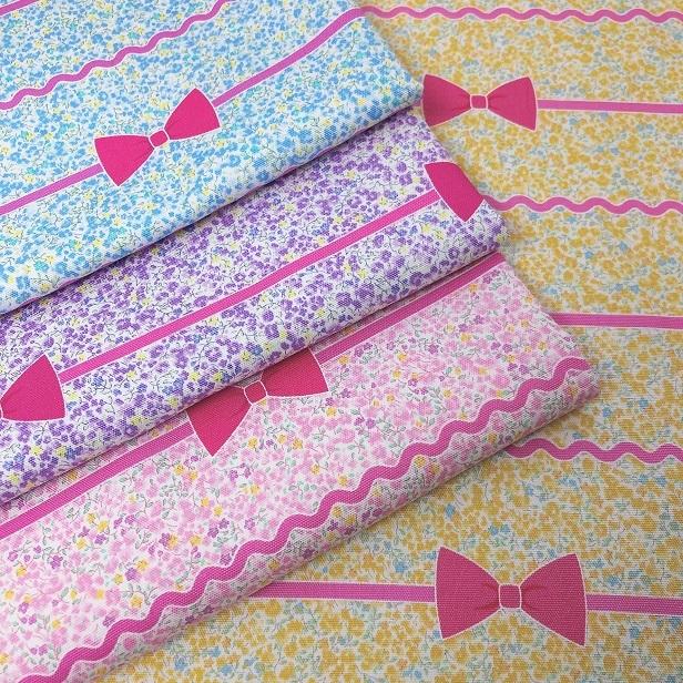 オックス 生地 小花とボーダーリボン リボン柄 小花 綿100％ 布 手芸