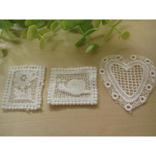 レースワッペン3種セット（お花、かたつむり、ハート） : 手芸の