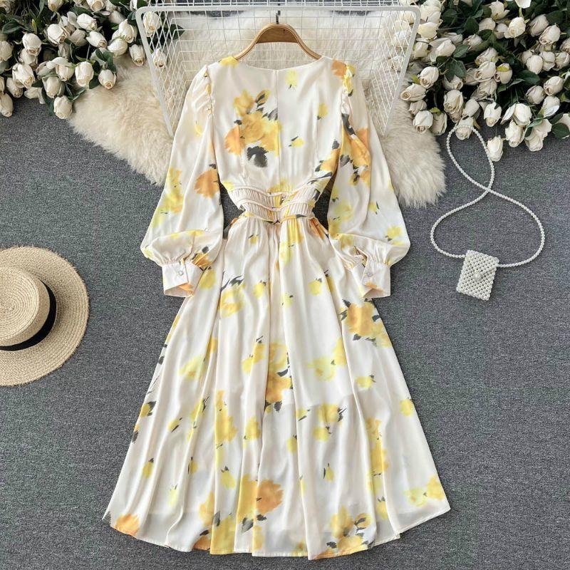 爆買い ホワイト マキシ丈 長袖 プリント柄 花柄 カジュアル ロング丈ワンピース ふんわり シフォン パフスリーブ レディース ワンピース イエロー ナチュラル ミセス ワンピース Size Xl Michiganestateplanning Com