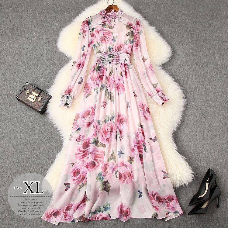 海外受注品 ワンピース 長袖 ウエストマーク バラ ロングワンピ シャーリング ロマンティック 甘め 蝶 母親 食事会 ストリート 女子会 休日スタイル 優雅 ママ 定番 大人可 配送費無料 Saohnet Org