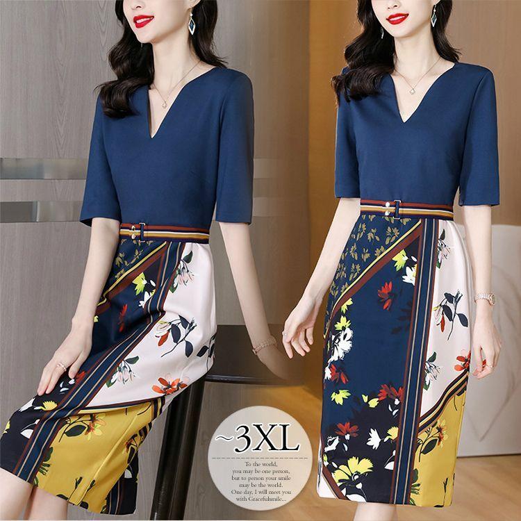 ワンピース 夏 きれいめ おしゃれ レディース 半袖 五分袖 Vネック 異素材 花柄 クール タイト Iライン すっきり オフィスファッション 大人 カッコいい フェミニ Cn3vyoxzru ワンピース チュニック Windowrevival Co Nz