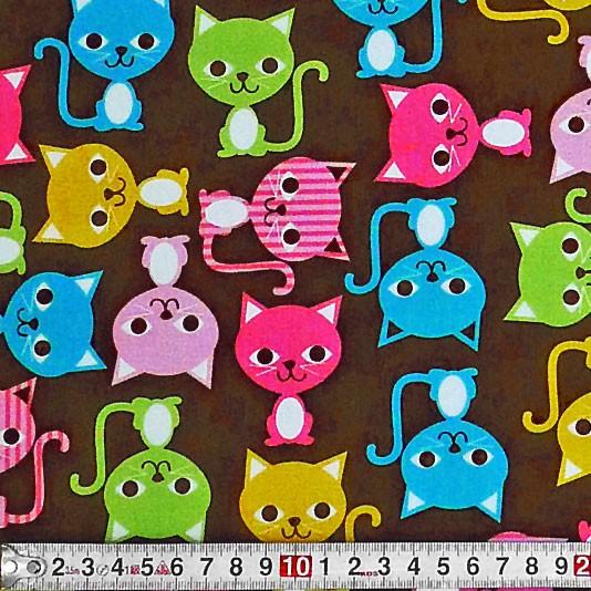 RK-3312 ネコのイラスト トス/グリーン/ブルー/ブラウン コットン 