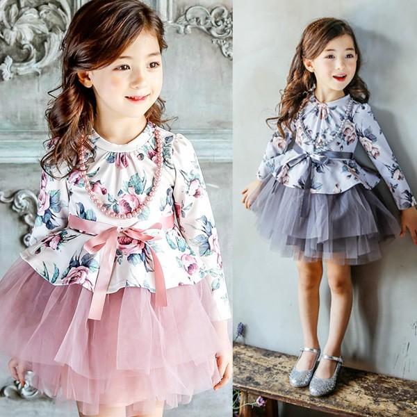 3colors 子供服 女の子 ワンピースドレス チュールワンピース リボンレベル長袖 ワンピース 綿 チュチュ ハイウエスト