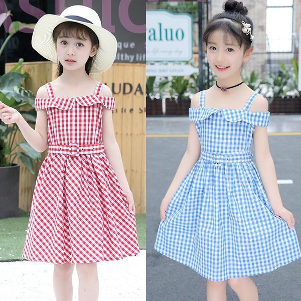 韓国子供ワンピース 女の子 春夏 ワンピース 半袖 キャミワンピ オフショルダーワンピース チェック柄 リボン付 プルオーバー キッズ用 100 160cm 超特価sale開催