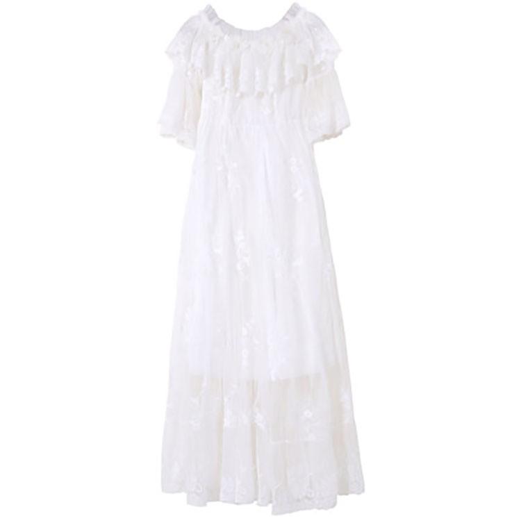白ワンピース マキシワンピ 五分袖 長袖レース ワンピース レディース リゾート夏 ボートネック ロング丈 ホワイト パーティードレス 結婚式 大人 女性 謝恩会 Y Fairyhouse 通販 Yahoo ショッピング