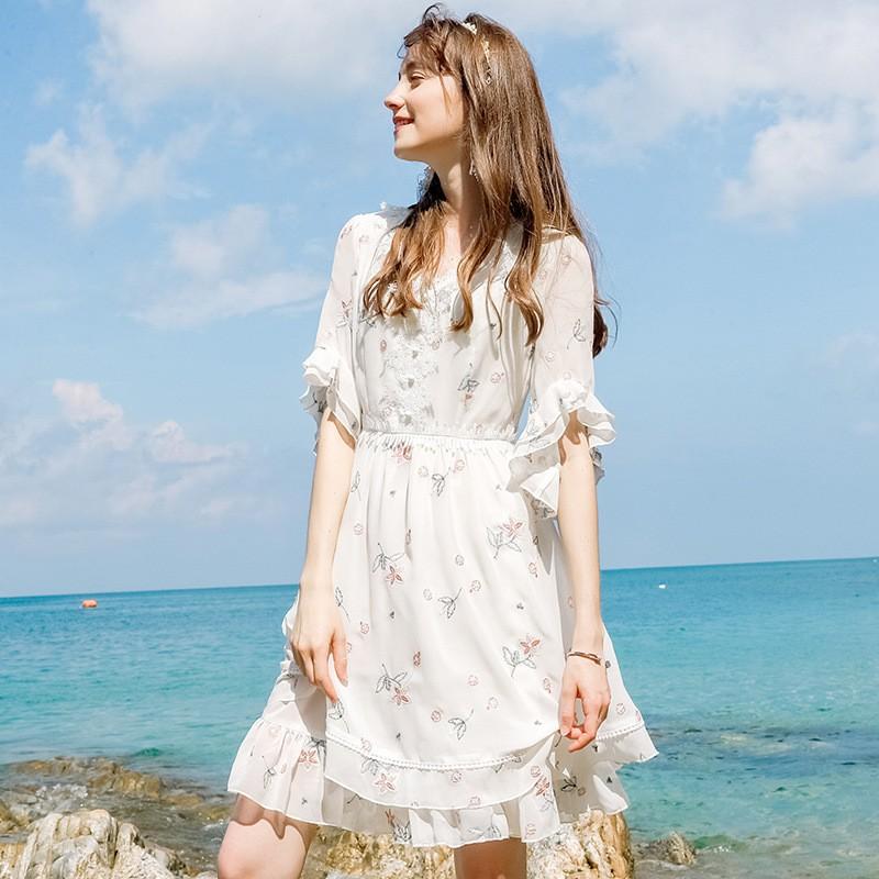 ぽっきりsale対象 レディース ワンピース 5分袖 Vネック 花柄 レース ひざ丈 フリルスリープ シフォン リゾート ウェディングドレス 可愛い 姫系 デート 大 想像を超えての Elskaveda Com