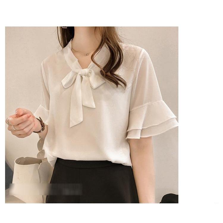 古典 ブラウストップスレディースオシャレホワイトリボン無地シフォン2色かわいい半袖トップス韓国風シャツ 五分 七分袖 Www Idea Us Es