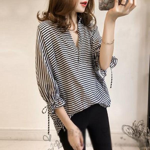 ブラウス レディース 春夏 七分袖ブラウス オシャレ ボーダー柄トップス ブラウス Vネック リボン 韓国風 ブラウス 40代 通勤 Ol 着痩せ 大人 かわいい Y Fairyhouse 通販 Yahoo ショッピング
