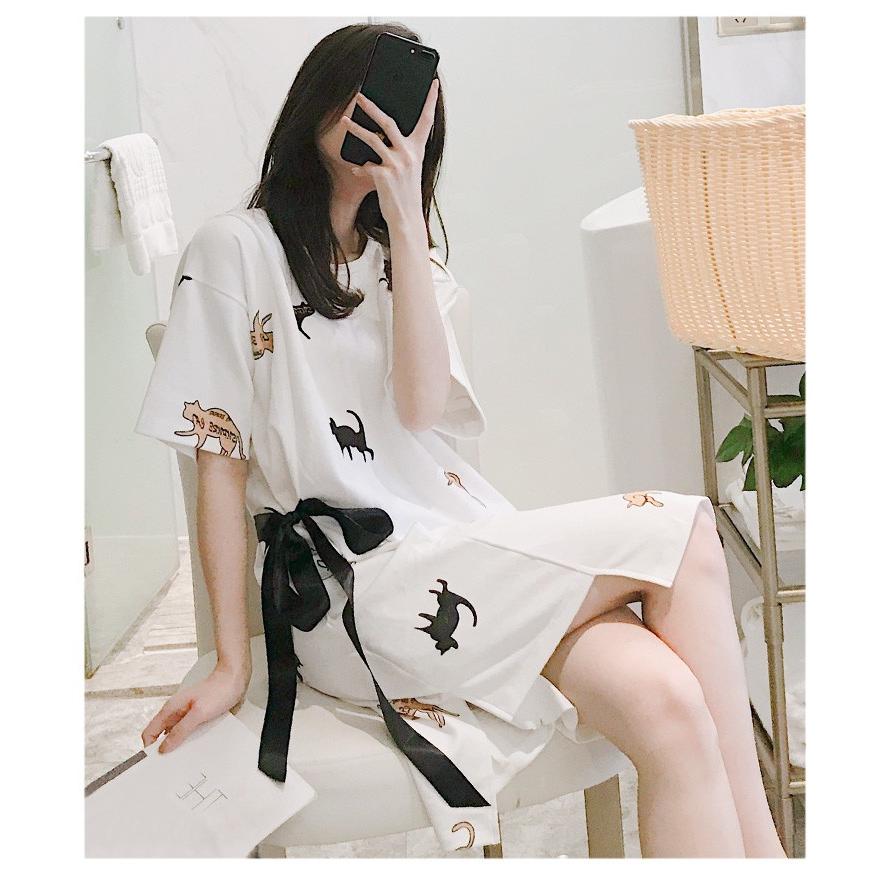 パジャマ レディース ワンピース パジャマ 半袖 夏パジャマ ネグリジェ 猫柄 かわいい リボン 綿 大きいサイズ ルームウェア 部屋着 寝巻き マタニティー 妊娠服 Y Fairyhouse 通販 Yahoo ショッピング