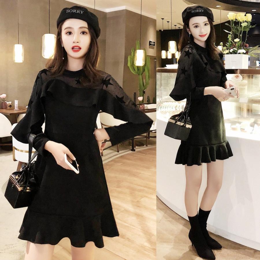 ワンピース レディース 秋冬 膝丈ワンピース きれいめ 長袖 星柄 シースルーショート丈ワンピースドレス フレアスカート 通勤 着痩せ 結婚式 お出かけ 上品 Y Fairyhouse 通販 Yahoo ショッピング