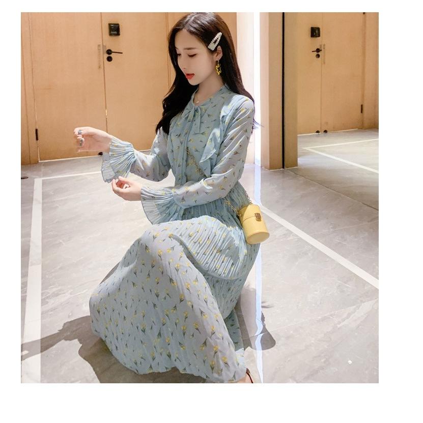 ワンピース レディース 40代 秋服 きれいめ マキシワンピース 花柄ワンピース シフォン リボン フレア ロング丈ワンピ 長袖 プリーツスカート着痩せ オシャレ Y Fairyhouse 通販 Yahoo ショッピング