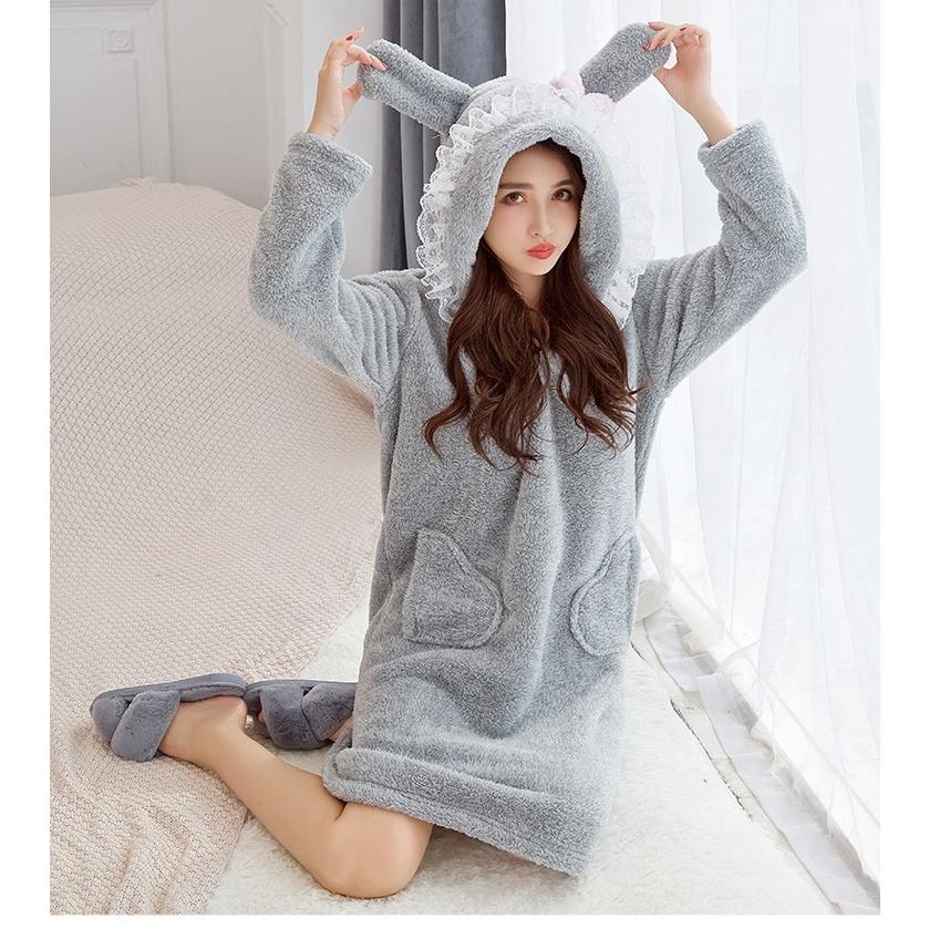 ネグリジェ 冬 ワンピース ネグリジェ ロング モコモコワンピース ルームウェア レディース ウサギフードつき 厚手 暖かい 姫 パジャマ ローブ 可愛い Y Fairyhouse 通販 Yahoo ショッピング