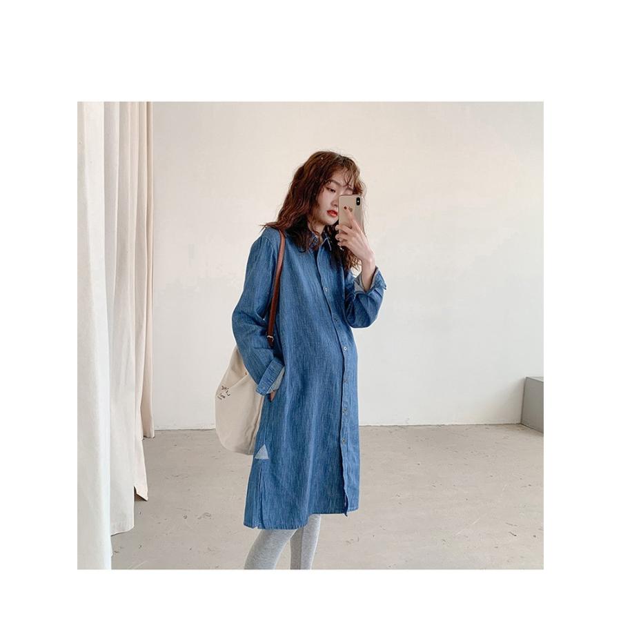 正規販売店 短納期 マタニティ 秋冬 デニム チュニックワンピース 長袖 襟付き ハーフボタン フラップポケット チャンピオン Ogytech Com
