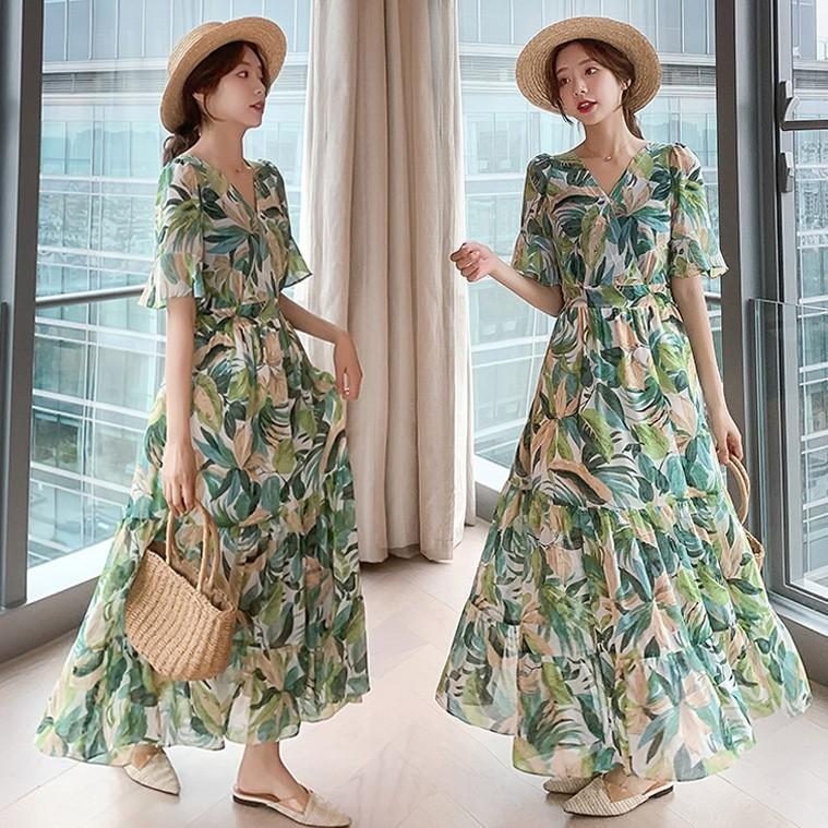 ワンピース レディース 40代ワンピース 春夏 半袖 シフォンワンピース 葉柄 マキシワンピース Vネック オシャレ 通勤 結婚式ドレス お出かけ 大人 30代 50代 Y2154 Fairyhouse 通販 Yahoo ショッピング