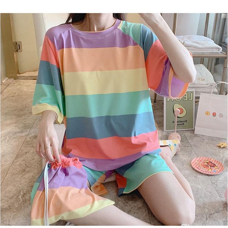 パジャマ ルームウェア レディース 春夏 半袖 パジャマ 綿ルームウェア レインボーボーダー柄 上下セット韓国風 パジャマ オシャレ 可愛い 部屋着 ゆったり Y2380 Fairyhouse 通販 Yahoo ショッピング