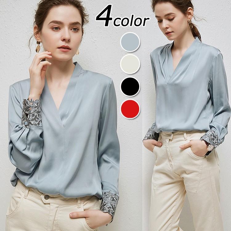 ブラウス レディース きれいめ 40代 春夏 上品 Vネックブラウス オシャレ シルク風 レース袖口 トップス 長袖 無地 オフィス 大人 フォーマルシャツ 4色 Y2545 Fairyhouse 通販 Yahoo ショッピング