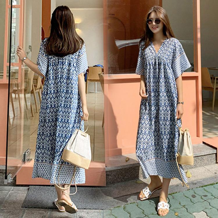 ワンピース レディース 40代 キレイめ マキシワンピース 春夏 半袖ワンピース エスニック Vネック ロングスカートひざ下 オシャレゆったり ボヘミア風 30代 Y2136 Fairyhouse 通販 Yahoo ショッピング