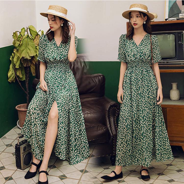 ワンピース レディース 40代 キレイめ マキシワンピース 春夏半袖ワンピース 花柄シフォン Vネック ロングフレアスカートひざ下 オシャレ ボヘミア風 30代 ブランド品