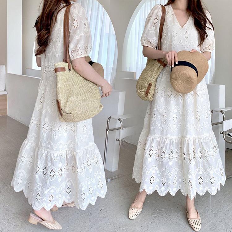 ワンピース レディース 40代 マキシワンピースきれいめ 春夏 半袖ワンピース 白レース Vネック フレアスカート オシャレ韓国風 結婚式ドレス大人 Y2151 Fairyhouse 通販 Yahoo ショッピング