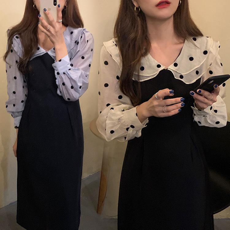 ワンピース レディース 40代 マキシワンピース 秋冬 長袖ワンピース ドット柄フェイクレイヤード 黒ワンピース パフスリーブ シースルー オシャレ 韓国風 Y2214 Fairyhouse 通販 Yahoo ショッピング