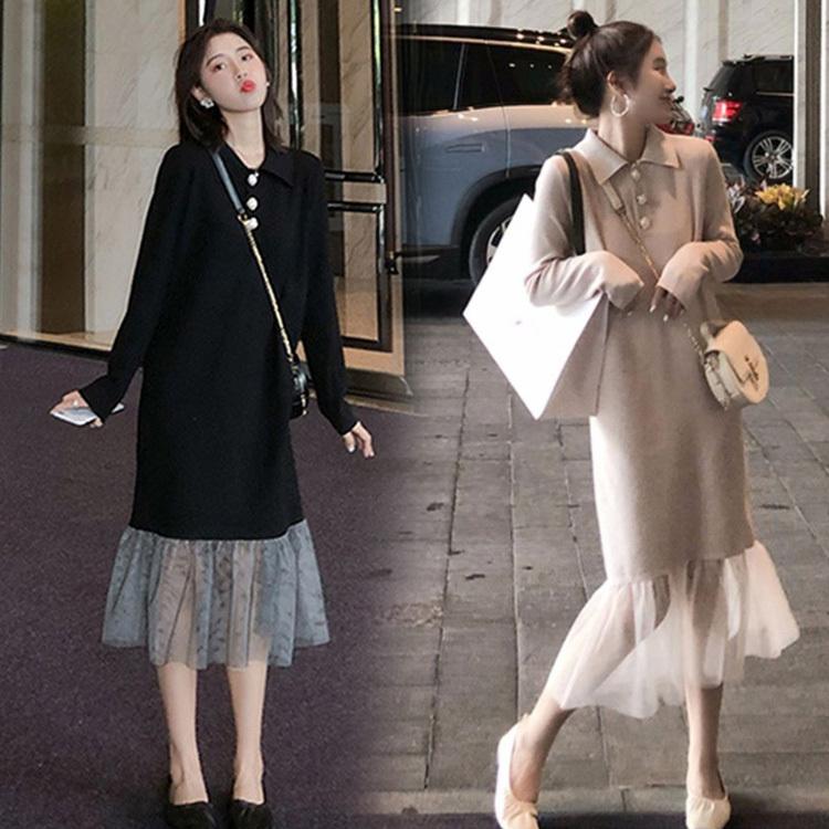 ニットワンピース グレー 灰色 秋 冬 ロング丈 襟付きニットワンピース W0 Cmarnica Pl