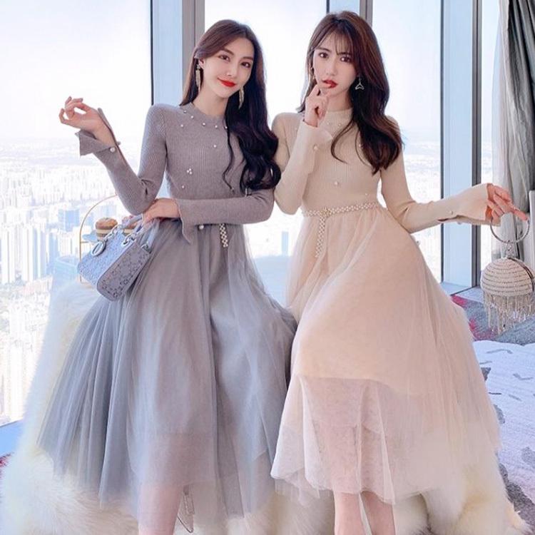 ニットワンピース レディース 40代 秋冬 長袖ワンピース パール ニット切り替えチュールスカートロング丈ニット 結婚式ドレス 無地 韓国風 オシャレ 大人 Y Fairyhouse 通販 Yahoo ショッピング
