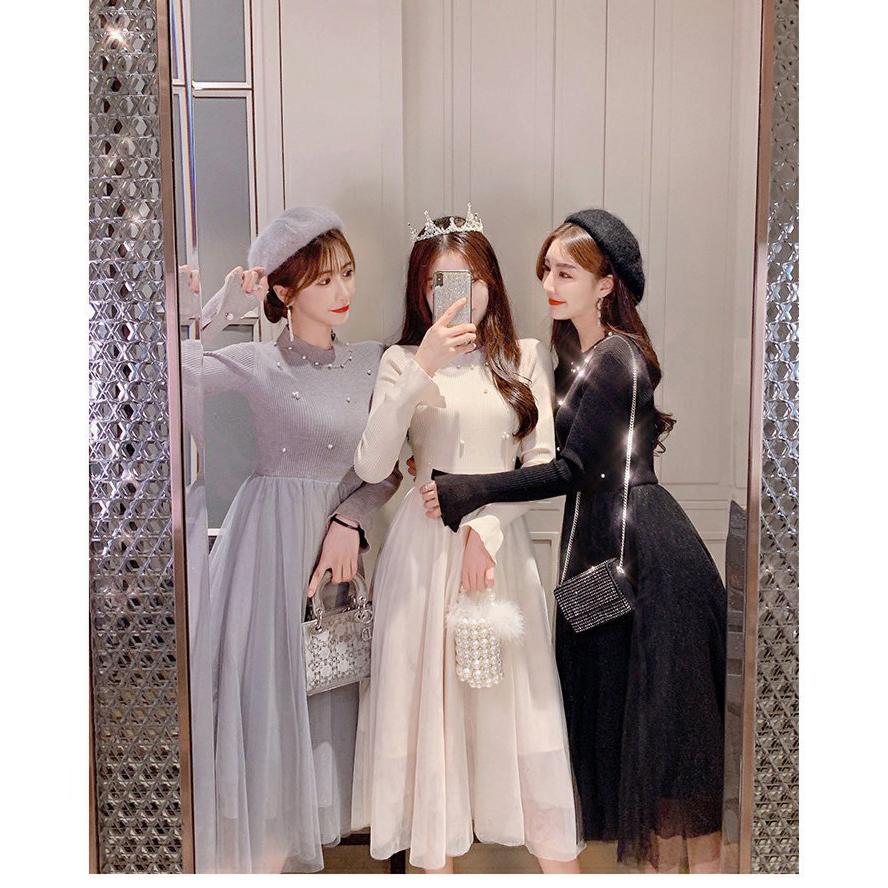 ニットワンピース レディース 40代 秋冬 長袖ワンピース パール ニット切り替えチュールスカートロング丈ニット 結婚式ドレス 無地 韓国風 オシャレ 大人 Y Fairyhouse 通販 Yahoo ショッピング