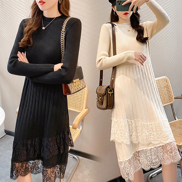 ニットワンピース レディース 40代 秋冬 長袖ワンピース ニット レース切り替え プリーツスカート ロング丈セーター 韓国風 オシャレ大人 上品 着痩せ通勤 Y Fairyhouse 通販 Yahoo ショッピング