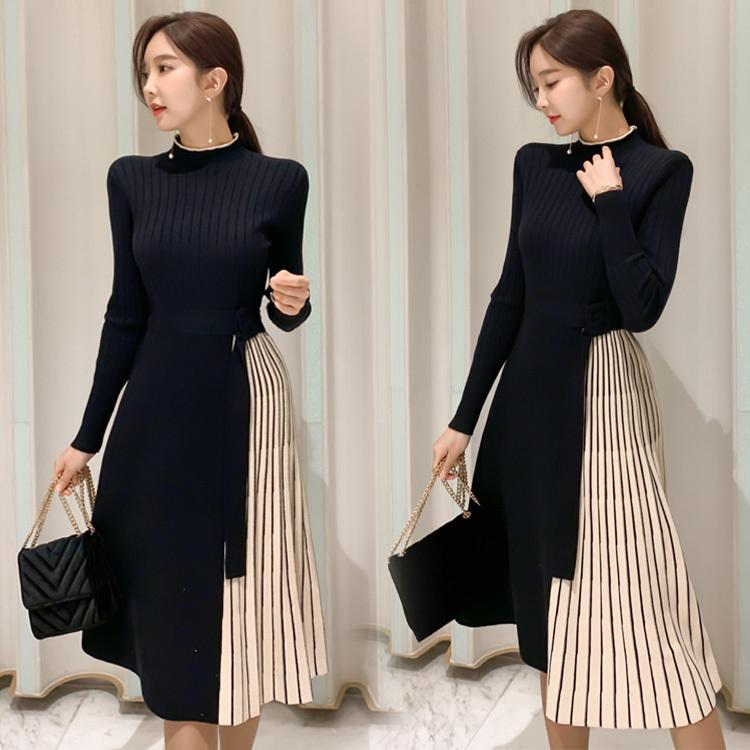 ニットワンピース レディース 40代 秋冬 長袖ワンピース レースニット 黒 膝丈 プリーツスカート リボン ロングセーター オシャレ 韓国風 大人 上品体型カバー Y Fairyhouse 通販 Yahoo ショッピング