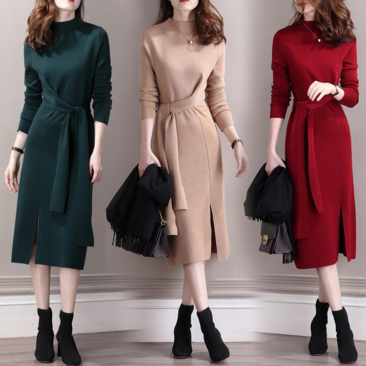 ニットワンピース レディース 40代 秋冬 長袖ワンピース 黒セーター ゆったり ロング丈ニット スリットスカート ニットインナー オシャレ 韓国風 大人 新作 Y Fairyhouse 通販 Yahoo ショッピング