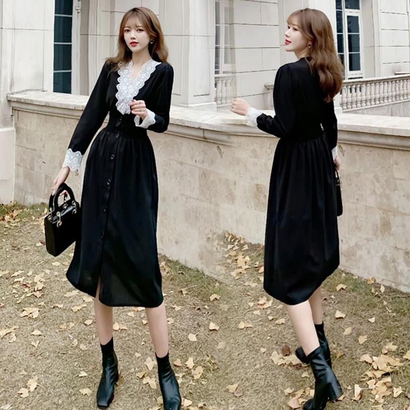 マキシワンピース レディース 40代 秋冬 長袖ワンピース 黒ワンピース レースvネック ロング丈フレアスカート 韓国風 オシャレ 大人 上品 30代 50代 Y Fairyhouse 通販 Yahoo ショッピング