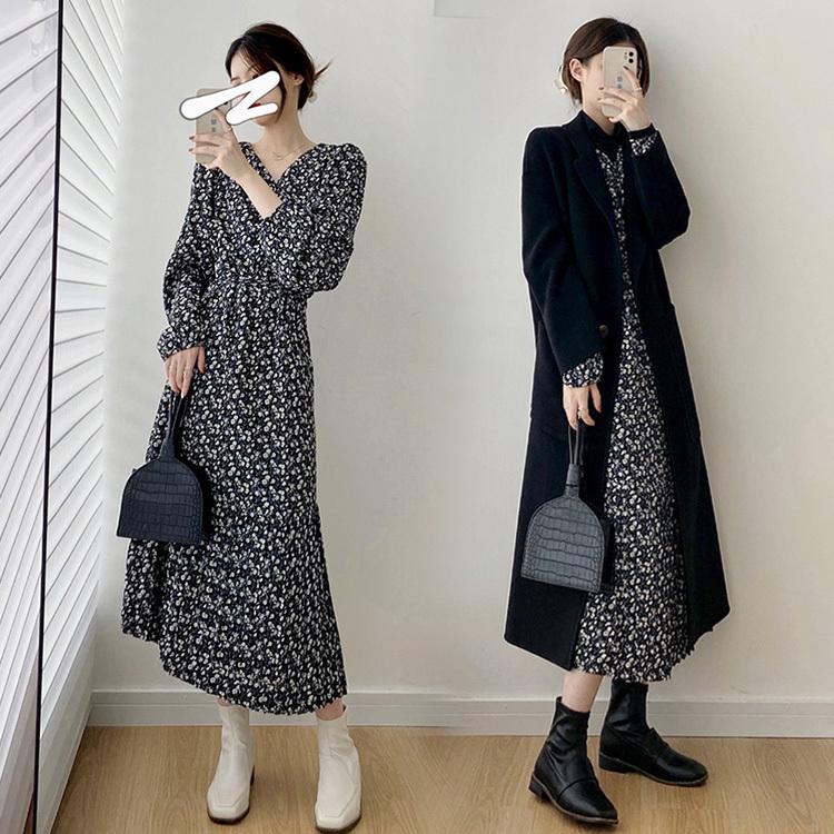 マキシワンピース レディース 40代 秋冬 長袖ワンピース 花柄ワンピース Vネック ロング丈フレアスカート インナーワンピ オシャレ韓国風 大人 30代 50代 Y Fairyhouse 通販 Yahoo ショッピング