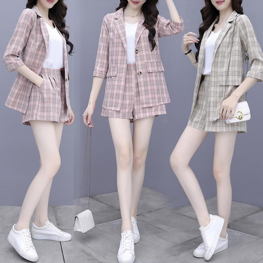 セットアップ レディース 40代 春夏秋 長袖セットアップ 七分丈スーツジャケット ショットパンツ オシャレチェック柄2点セット 通勤 ビジネス 着痩せ 大人 Y2849 Fairyhouse 通販 Yahoo ショッピング