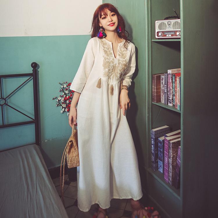 ワンピース レディース 40代 マキシワンピース 春夏秋 七分袖ワンピース花刺繍 Vネックブボヘミア風ロングr丈スカート オシャレ 旅行 ビーチ 大人 ゆったり Y Fairyhouse 通販 Yahoo ショッピング