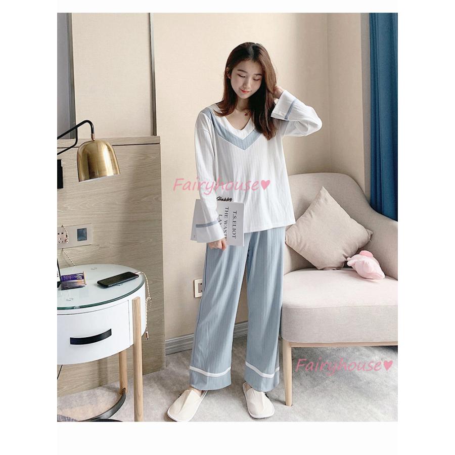 市場 長袖 ルームウェア ルームウエア 上下セット 韓国風 レディース 夏 ゆったり 春 可愛いパジャマ お揃い 寝巻き 部屋着 Vネック